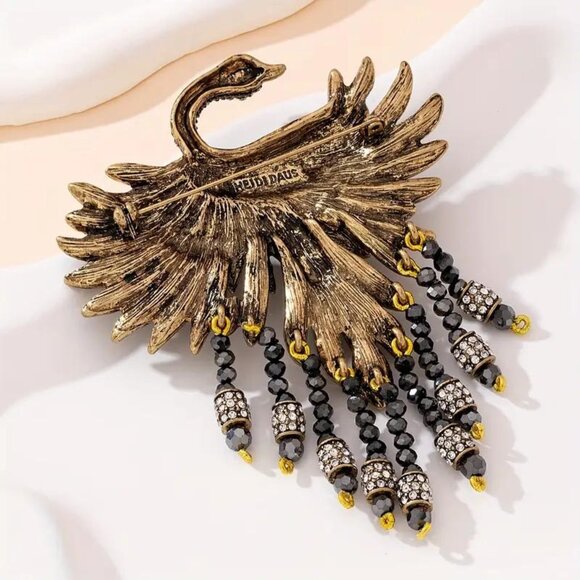 HEIDI DAUS AMAZING BLACK SWAN RHINESTONE MARCASITE W/ CRYSTAL DANGLES BROOCH 45 - Picture 3 of 5